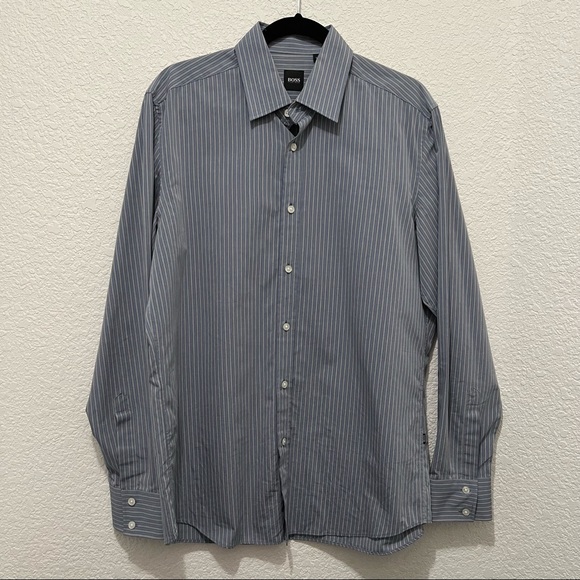 BOSS HUGO BOSS Button Down Long Sleeve Gray Striped Shirt Mens Size L - Picture 11 of 11